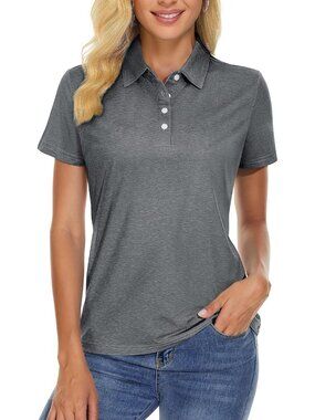 Women Dark Gray Short Sleeve Golf Shirts 4-Button Quick Dry Collared Top for Gym